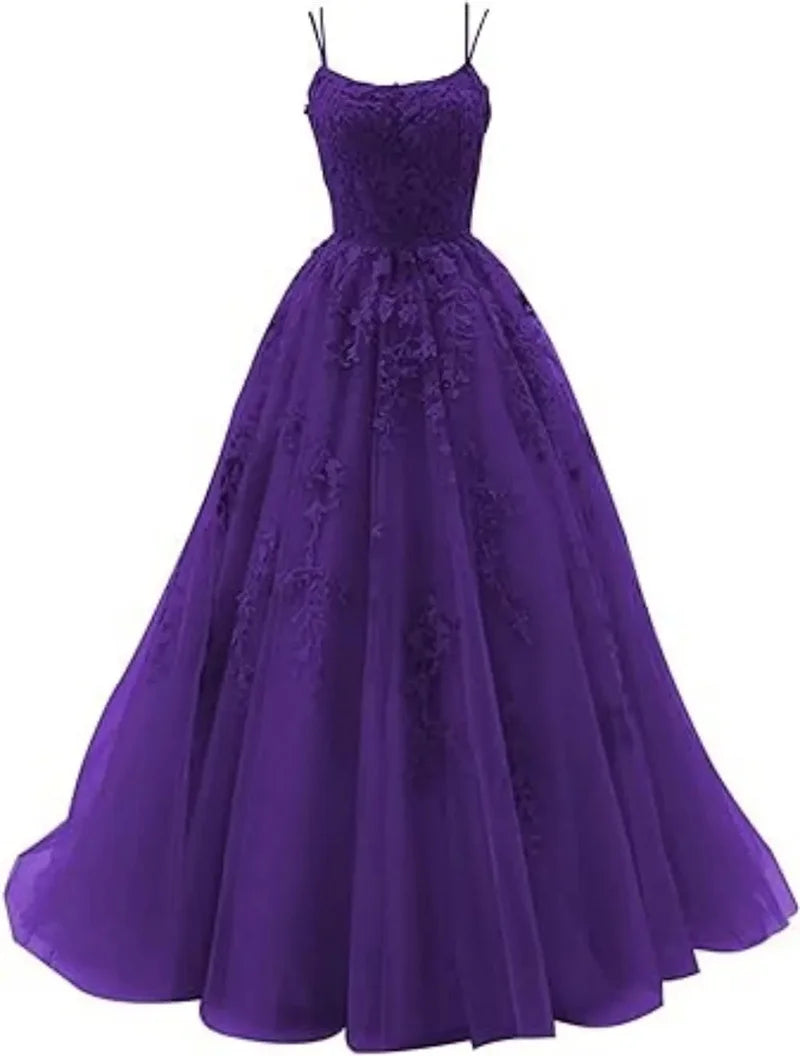 Tulle Spaghetti Straps Prom Dresses Long Lace Appliques Ball Gowns for Women