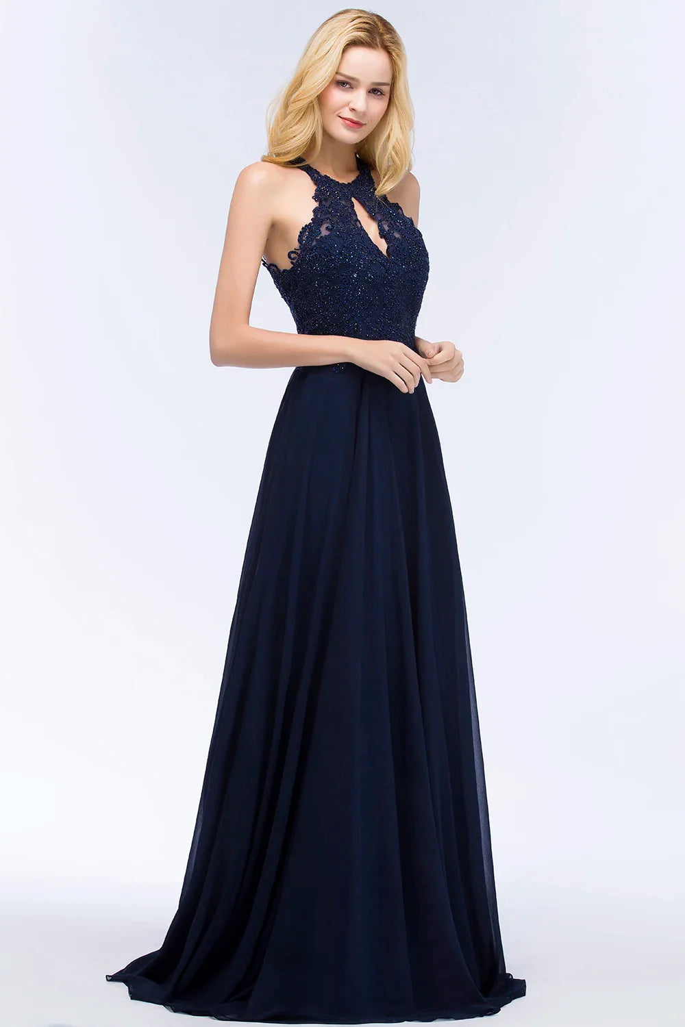 Vestido de Madrinha com Gola Halter Renda Pérolas Corpete Saia Longa até o Chão Chiffon Sexy Costas Abertas Roupa de Casamento