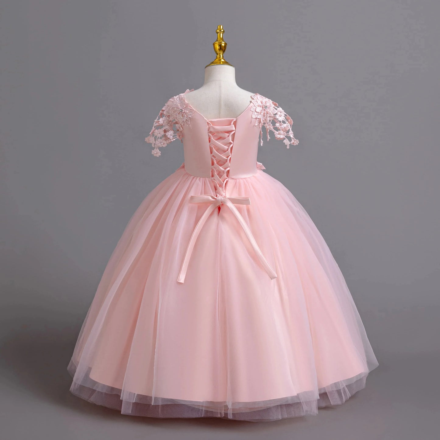 Lace up Tulle Flower Girl Dress Chest with flowers First Communion Ball Gown Wedding Party Bridesmaid Dress Kids 12Y