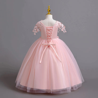 Lace up Tulle Flower Girl Dress Chest with flowers First Communion Ball Gown Wedding Party Bridesmaid Dress Kids 12Y