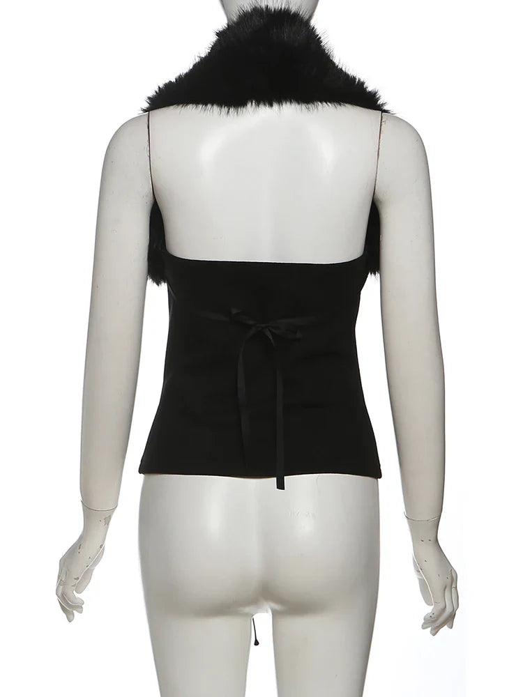 Furry Patchwork Sexy Tank Top Women Y2K Halter Backless Shirring Sleeveless Stretch Coquette Midnight Party Clubwear