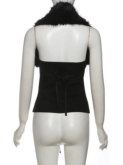 Furry Patchwork Sexy Tank Top Women Y2K Halter Backless Shirring Sleeveless Stretch Coquette Midnight Party Clubwear