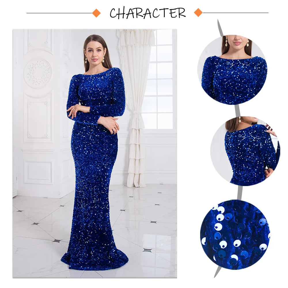 Vestido de Festa Formal Azul Royal Feminino Elegante Manga Longa Veludo Elástico Paetê Sereia Vestido de Noiva 2025