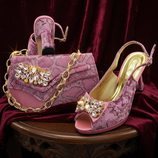 New Arrive Peep Toe Heels Bigger Size for Women 2026 Elegant Party Pink Color Diamond Pumps Italian Shoes and Bags Matching Set