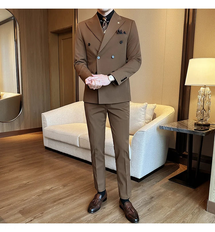 (Jackets+Pants) Luxury Double Breasted Design Slim Fit Suit High Quality Fashion Men's Wedding Social Suit Tuxedo 2 Piece Set
