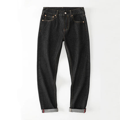 Men's Japanese Handmade Embroidered Cotton Jeans Straight Tube Slim Fit Hip-Hop Trousers Red Ear Detail Devil Big M Golden Text