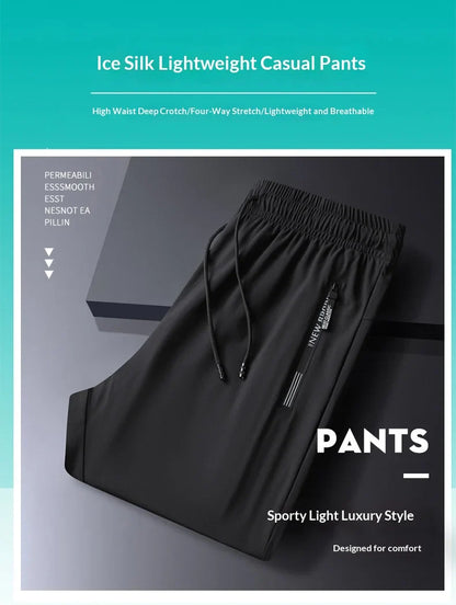 Men's Ice Silk Quick Dry Pants Lightweight Breathable Casual Trousers Elastic Waist Drawstring Sports Pants with Zipper Pockets