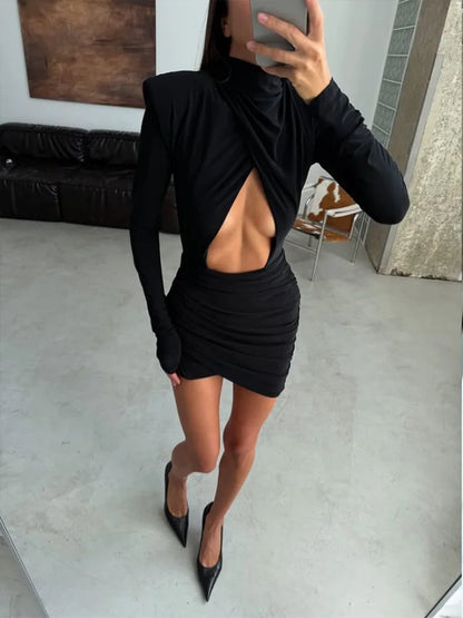Hollow Out Long Sleeve Solid O Neck Hip Wrap Sheath Zipper Women Dresses Party Outfits Female Bodycon Vestidos Robes