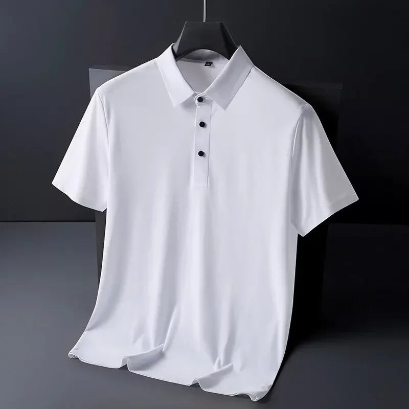 Summer Ice Silk Polo Shirt High-End T-Shirt Solid Color New Half Sleeve Non-Marking Casual Lapels Business Thin Menswear 2025