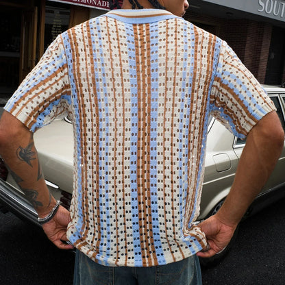 Men's Short Sleeve Summer Fashion Retro Knit Lapel Top Solid Color Soft Breathable Light Polo Knitwear Men US Size