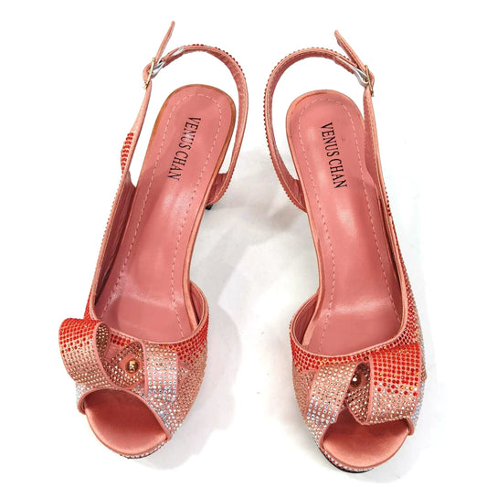 Newest INS Style Peach Color Rhinestone Elegant High Heels Nigeria Popular Design African Ladies Shoes And Bag Set
