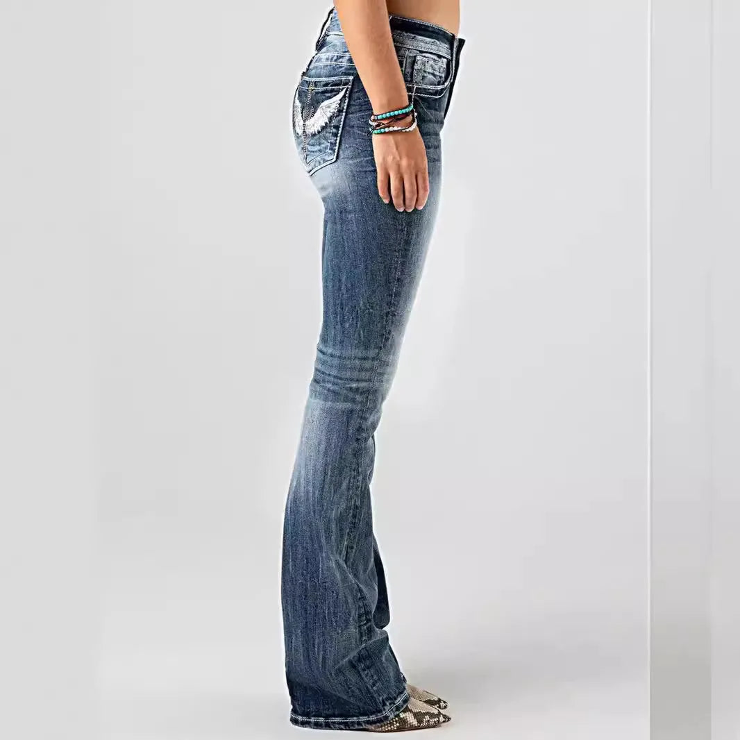Women Embroidery Pockets Distressed Jeans