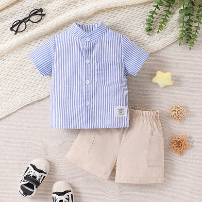 2-piece set of fashionable casual striped short sleeved shirt and breathable practical shorts for baby boys, summer