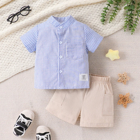 2-piece set of fashionable casual striped short sleeved shirt and breathable practical shorts for baby boys, summer