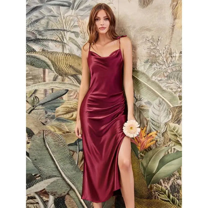 Satin Slim Evening Dress with Spaghetti Straps Sexy High Slit Tea Length Prom Formal Night Dresses Navy Cocktail Gown