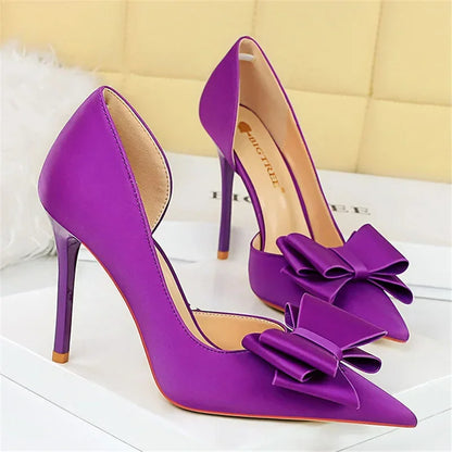2024 Women 10.5cm High Heels Sweet Korean Side Hollow Pumps Lady Party Purple Green Kawaii Bowknot Heels Prom Silk Satin Shoes