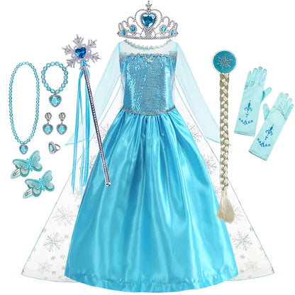 Girl Elsa Dress Princess Halloween Cosplay Party Kids Snow Queen Costume Princess Children Outfit Dress
