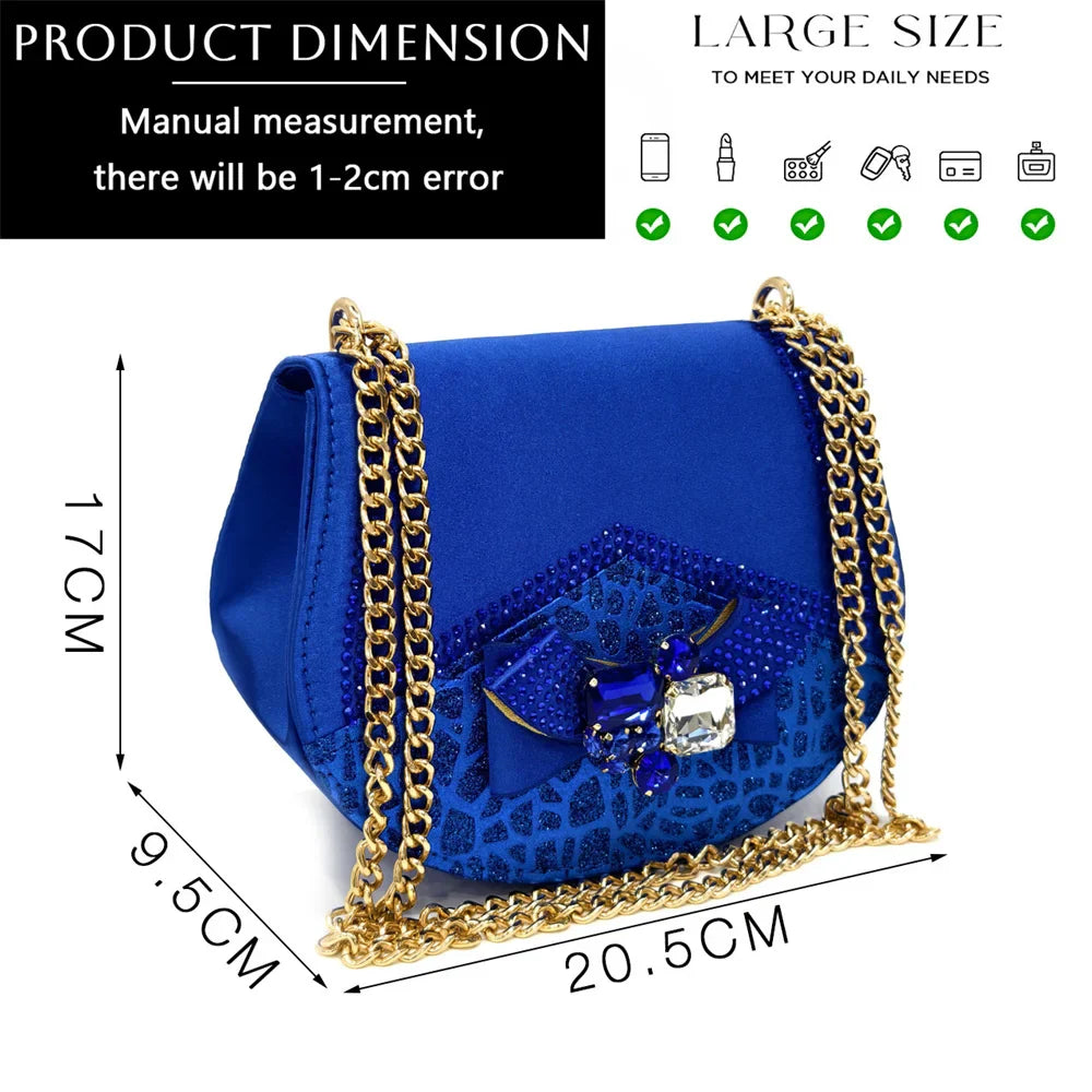 Rhinestone Design INS Hot Sale New Arrivals African Shoes and Bag Set in Blue Color Open Toe Comfortable Women Heels