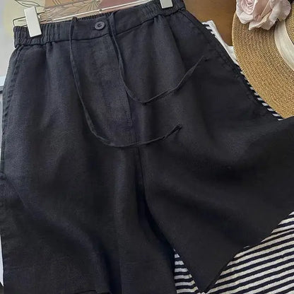 Japanese Simple Solid Color Pure Cotton Linen Casual Versatile Straight Elastic Waist Shorts Women's Middle Pants