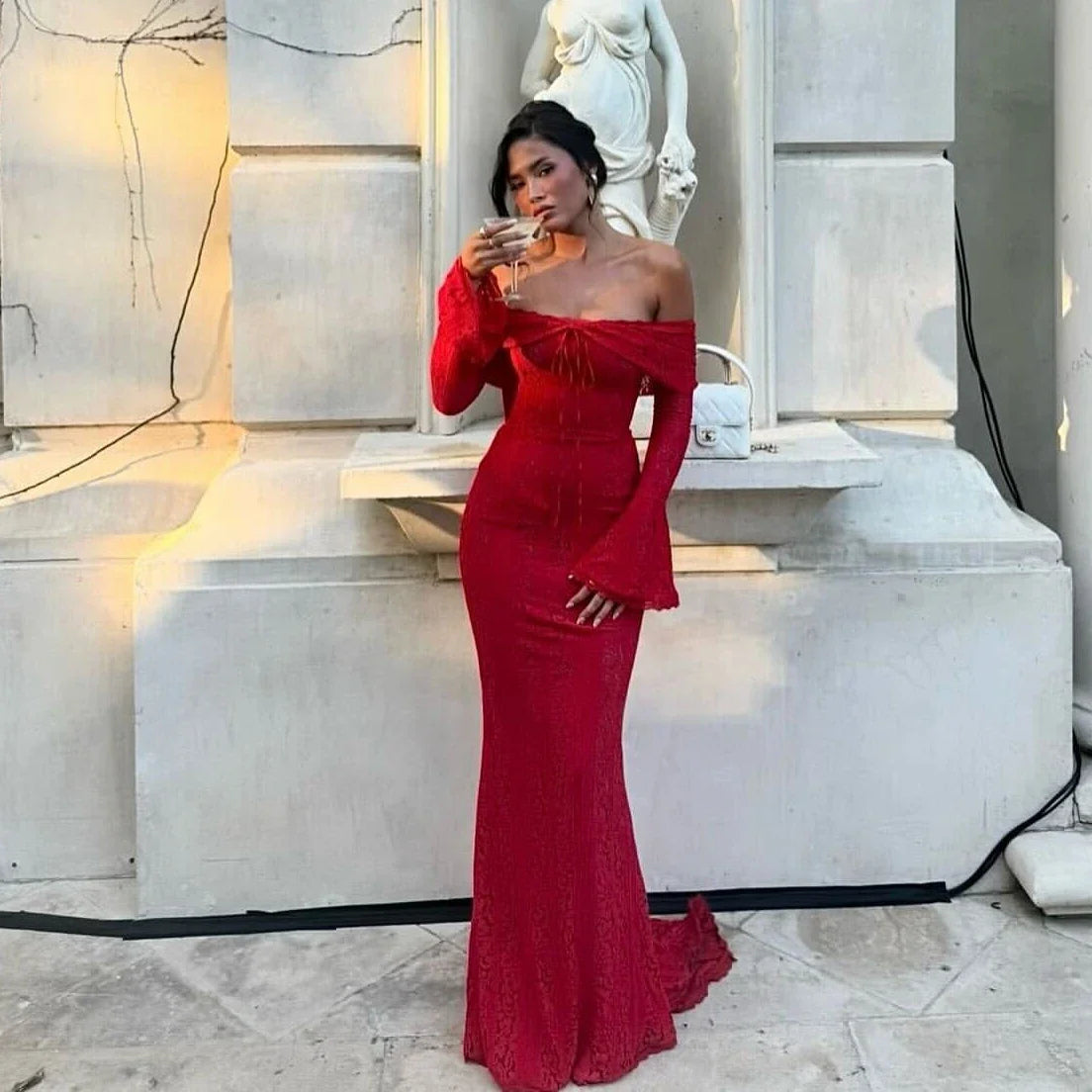 White Maxi Wedding Guest Dress Women 2025 Elegant Off The Shoulder evening party dresses red lace flare sleeve dress