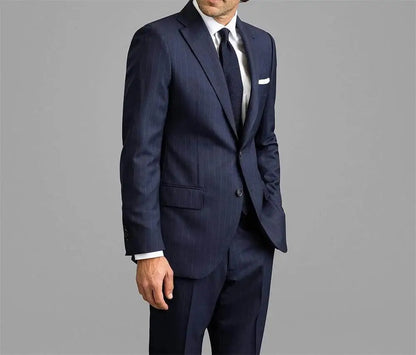 Cotton Blue Striped Classic Men's Business suit 2pc Set Suit Jacket Suit Pants Groom's Wedding Suit Gentleman's Banquet Suit