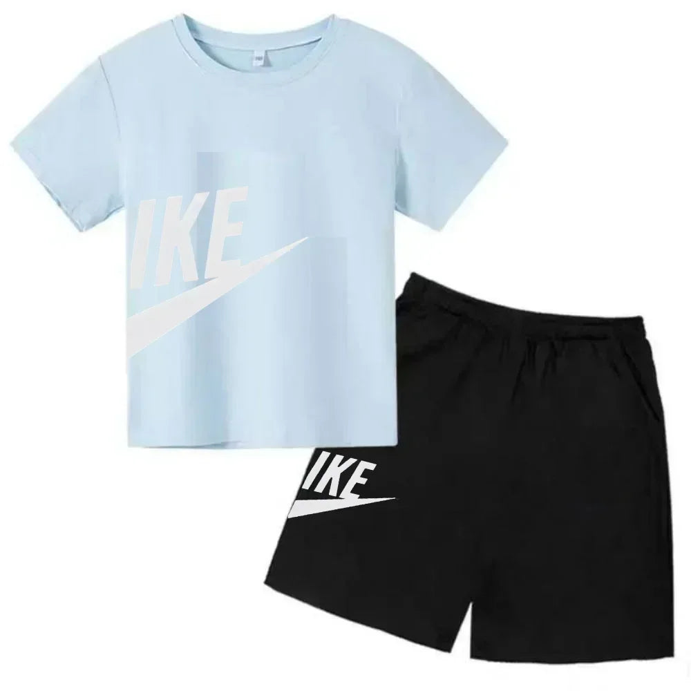 Fashion Sport 2Pcs Outfit, Printed Short Sleeve Tee and Shorts, Comfortable Summer Tracksuit for Boys Girls