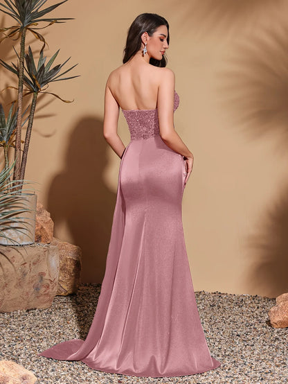 Satin waist pleated side flaps floor-length skirt, sequined spliced tube top dress