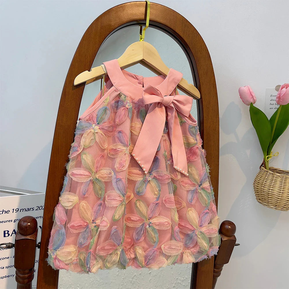 Girl Dress 2025 Summer New Girl Dress Princess Dress Little Girl Fashion Colorful Flower Yarn Dresses Kid Clothes