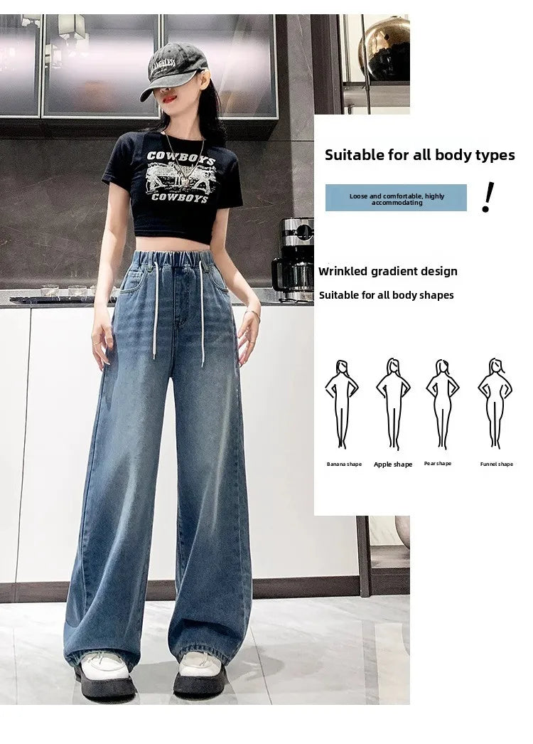 Calça Jeans Feminina Plus Size Folgada Cintura Alta Perna Larga Azul Claro Elástico na Cintura Cordão Calças Outono Moda Plus Size
