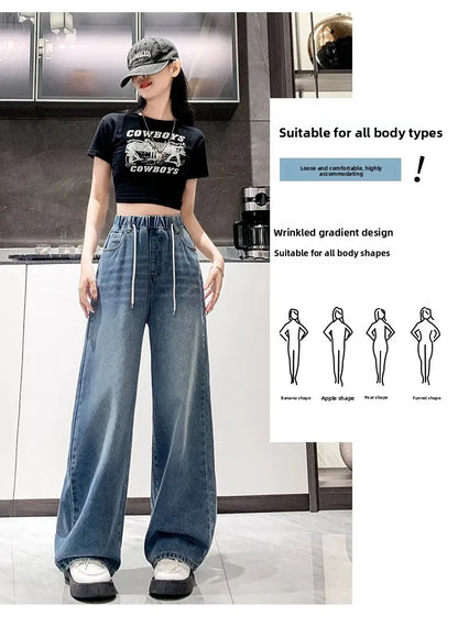 Calça Jeans Feminina Plus Size Folgada Cintura Alta Perna Larga Azul Claro Elástico na Cintura Cordão Calças Outono Moda Plus Size