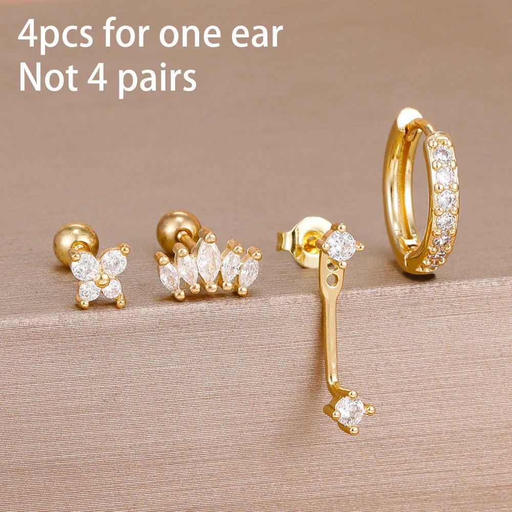 4PCS Stainless Steel Circle Huggie Hoop Earrings Set for Women Gold Color Unique Zircon Flower Stud Earring Piercing Jewelry