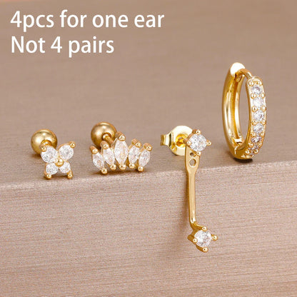 4PCS Stainless Steel Circle Huggie Hoop Earrings Set for Women Gold Color Unique Zircon Flower Stud Earring Piercing Jewelry