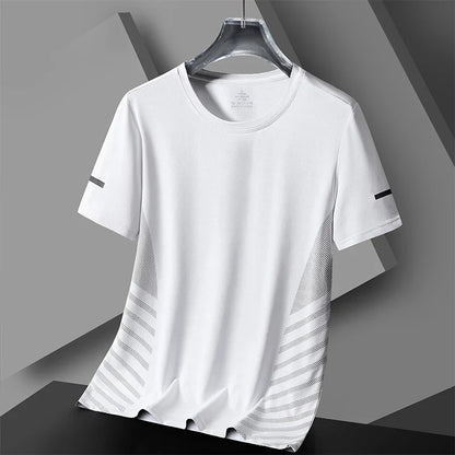 Camiseta de Corrida Masculina Verão Seda Gelo Fina Top Impressão Refletiva Secagem Rápida Manga Curta Respirável Fitness Esportiva Camiseta 5GG