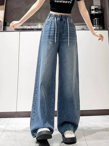 Calça Jeans Feminina Plus Size Folgada Cintura Alta Perna Larga Azul Claro Elástico na Cintura Cordão Calças Outono Moda Plus Size