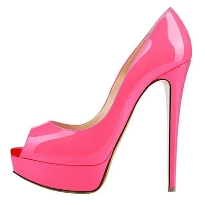 2026 New Women Pumps Sexy Platform Peep Toe 14cm Extremely High Heels Stiletto Patent Leather Party Nighclub Red Wedding Shoes