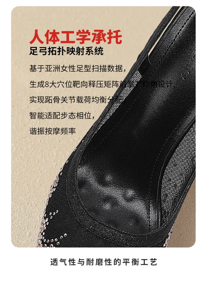 New summer black mesh rhinestone high heels for women, slim heels, shallow toe, sexy sandals with a single buckle strap