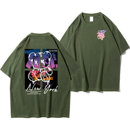 New York Art Word Cartoon Bear Sunset Scenery Design T Shirts Men Fashion Cotton Shirt Loose Summer T Shirts Oversized Tee