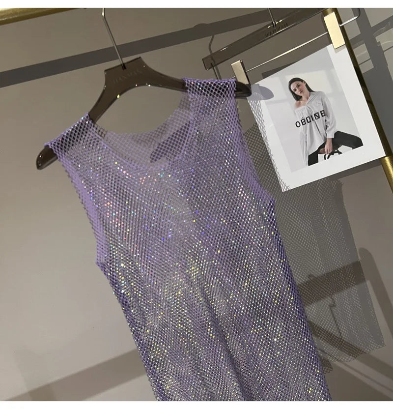 Women&Men Crystal  Rhinestones Shiny Sexy Y2K Tank Tops High Quality Party Club Sexy See Through Mesh Hollow Out Diamond shirt