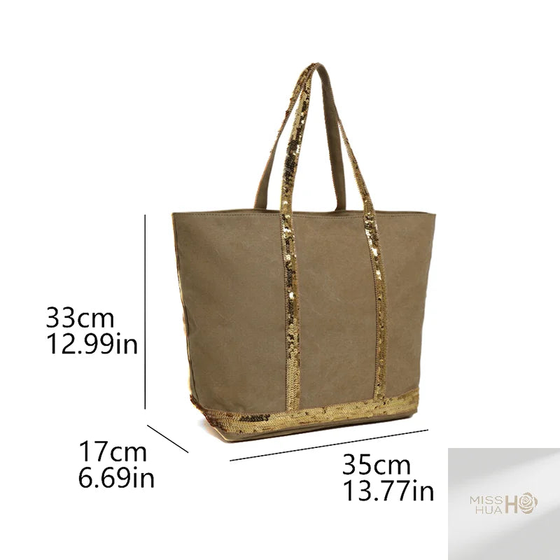 Multi-purpose Canvas Tote Bag with Sequins, Large Capacity for Women's Daily Use