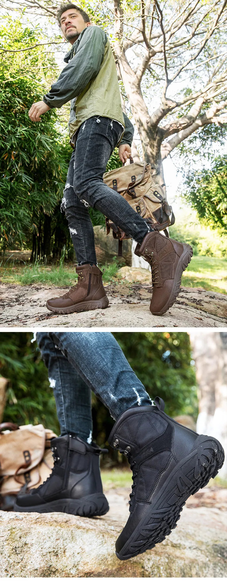 Brand High-Top Leather Men's Boots Breathable Desert Combat Men Work Ankle Outdoor Non-slip Hiking Boots Men's Motorcycle Boots
