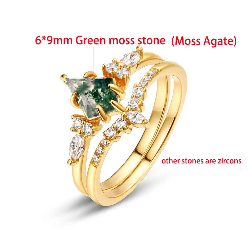 New 6*9mm Moss Agate Ring Set for Women 10k Plated Green Moss Stone Band Wedding Party 100% Real 925 Silver Fine Jewelry