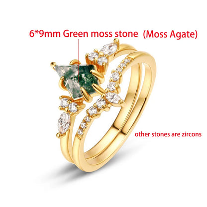 New 6*9mm Moss Agate Ring Set for Women 10k Plated Green Moss Stone Band Wedding Party 100% Real 925 Silver Fine Jewelry