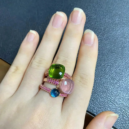 Conjunto de 3 anéis empilháveis ​​Nudo para mulheres, conjunto com cores mistas, cristais tipo bala incrustados, zircônia, ametista, topázio azul, joia redonda, presente