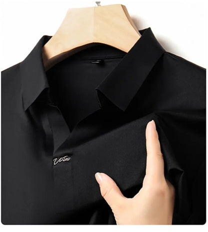 2024 High-quality Elastic Stretch POLO, Business Casual Men's Short-sleeved Shirt, Seamless V-neck M-4XL Men's Polo Shirt