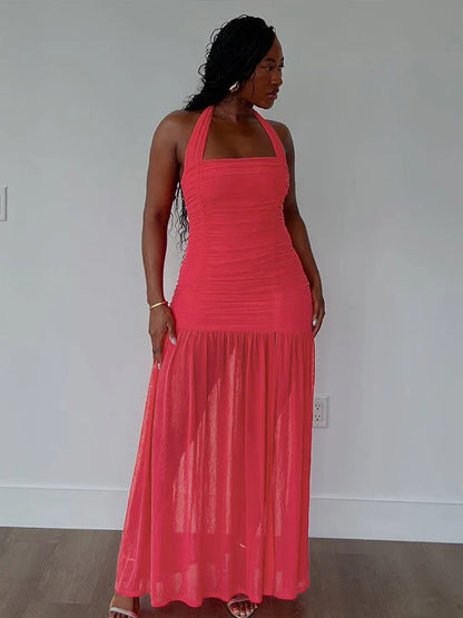 See Through Hem Dress Women Ruched Halter Summer Trend Sleeveless Backless Patchwork Midnight Clubwear Party Maxi Bodycon