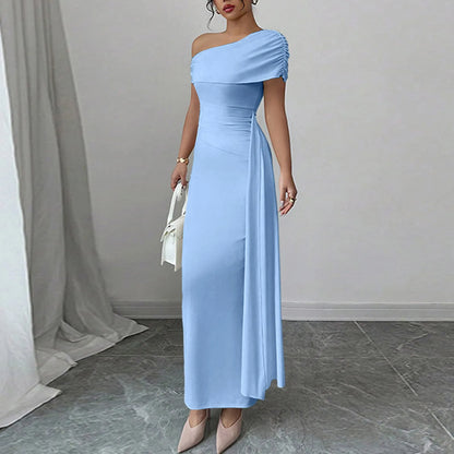 Vestidos Longos de Festa Sensuais para Mulheres, Vestido de Cor Sólida sem Mangas com Decote Diagonal, Vestido Maxi Plissado Justo, Vestido Bodycon Moderno
