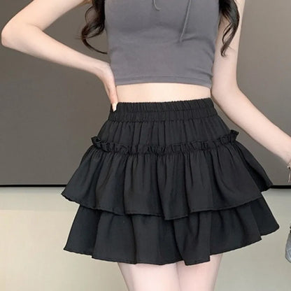 Chic Sweet Style Pleated A-Line Skirt Elegant Versatile Tiered Skirt Basic Cut High Waist Elastic Waist Skirt Summer