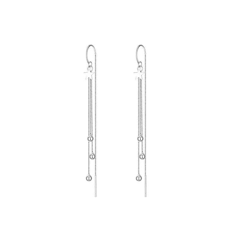 Designer 925 Sterling Silver Star Round Bead Long Tassel Dangle Earrings for Woman Exquisite Jewelry Accessories Gifts Colorfast