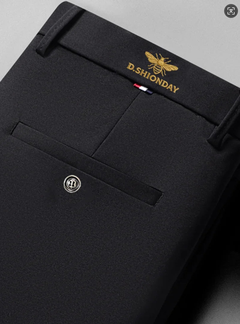 Men's Luxury Bee Waist Logo Business Casual Pants, High Elastic Slim Fit Formal Trousers for Office Commute & Daily Wear