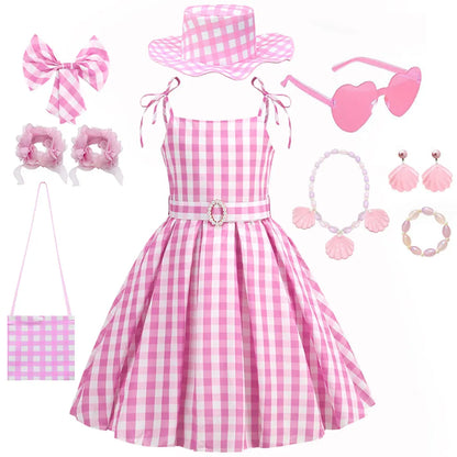 2025 Summer Beach Baby Girl Pink Cute Sleeveless Plaid Slim Strap Dress For Girl Cowboy Look Stripe Dress Set With Belt